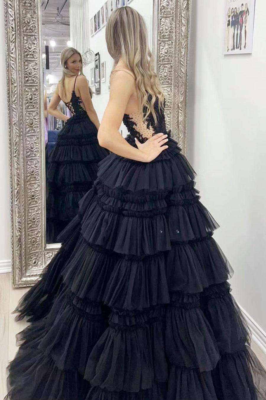 Hadlee | Black Beaded Spaghetti Strap Ruffle Tiered Ball Gown