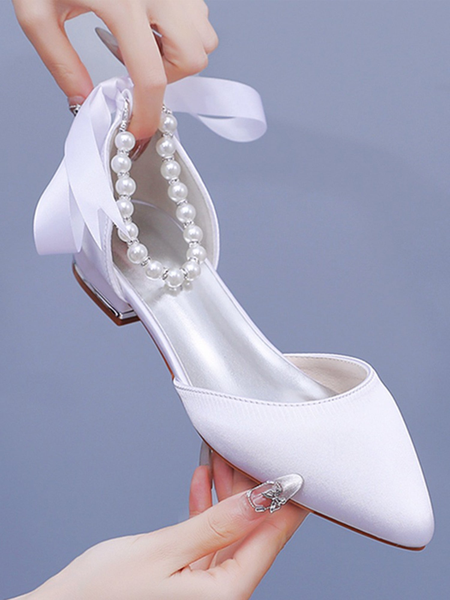 Satin Beaded Ribbon Low Heels Bridal Shoes