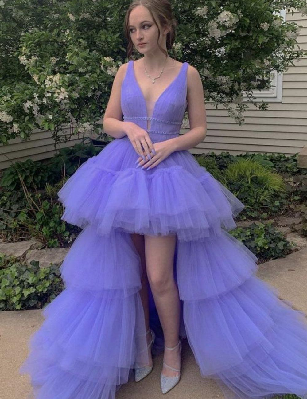 A-Line High Low Deep V Neck Lavender Long Prom Dress with Ruffles