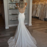 Simple Mermaid Scoop Neck Backless Satin Wedding Dresses