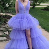 A-Line High Low Deep V Neck Lavender Long Prom Dress with Ruffles