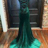 Emerald Velvet V-Neck Cutout Back Mermaid Long Formal Dress