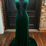 Emerald Velvet V-Neck Cutout Back Mermaid Long Formal Dress