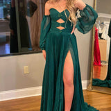 Ana | Hunter Green Rhinestones Strapless A-Line Prom Dress with Sleeves