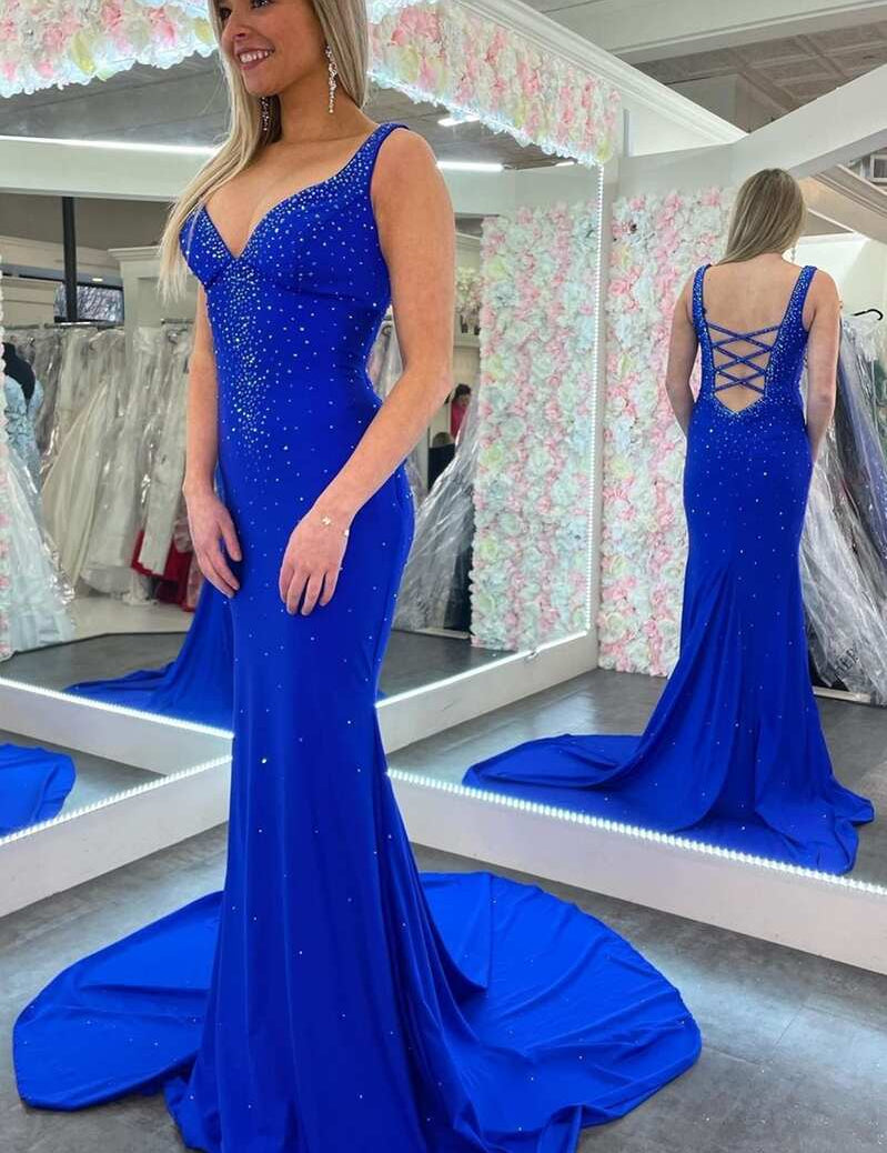 Elle |Mermaid V-Neck Beaded Satin Prom Dress with Cross Back