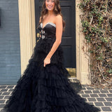 Peggy | Black Strapless Bow Ruffle Long Prom Dress with Slit