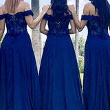 Indigo Lace Off-the-Shoulder A-Line Long Bridesmaid Dress