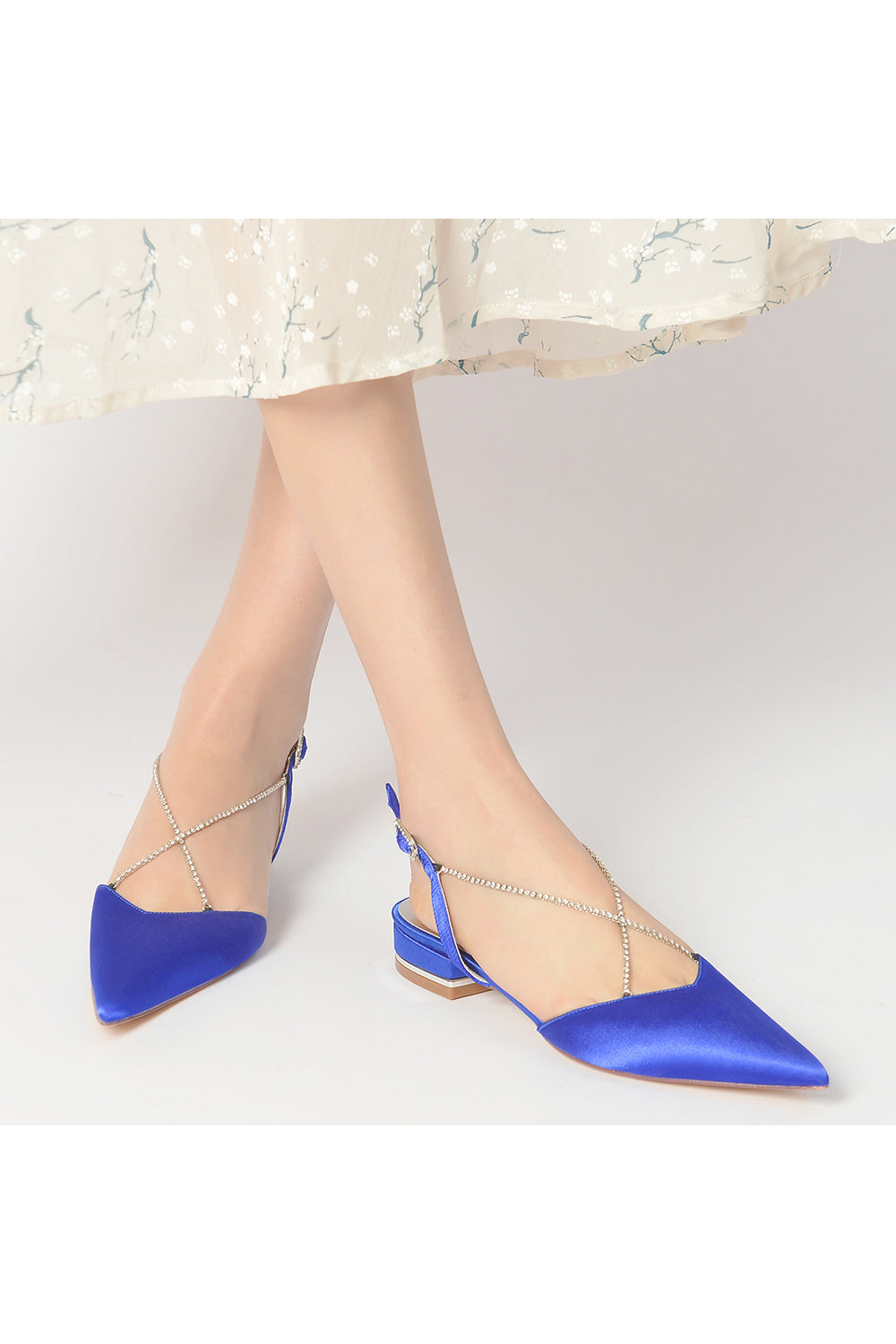 Satin Pointed Toe Beading Buckle Kitten Heels