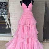 Amanda| A-Line Spaghetti Straps Long Tiered Tulle Prom Dress With Split