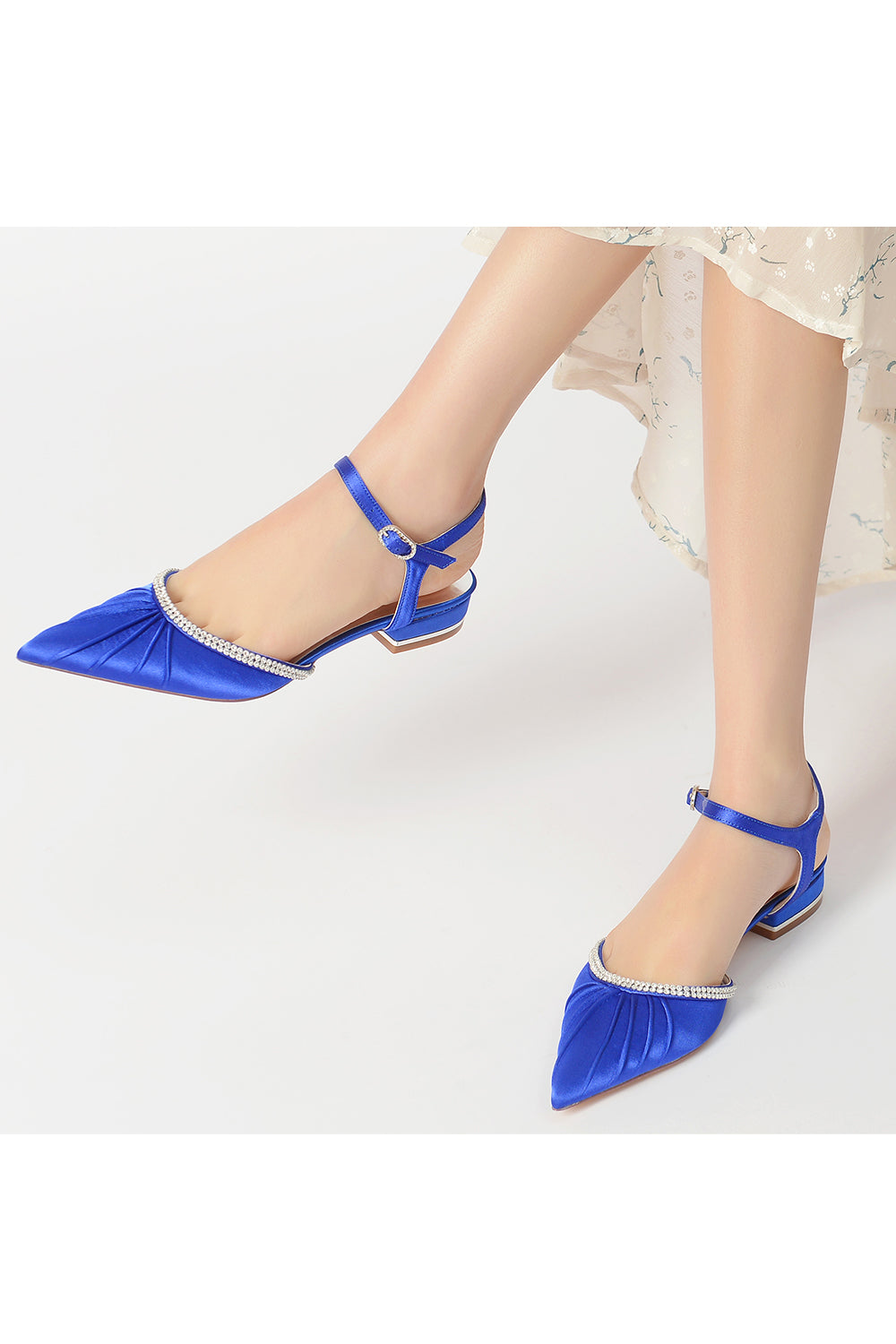 Satin Pointed Toe Beaded Buckle Kitten Heels