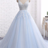 Quinceanera Dress Ball Gown Chapel Train V Neck Sleeveless Backless Appliques Prom Dresses