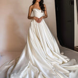 Elegant A Line Sweetheart White Long Bridal Dress with Sweep Train