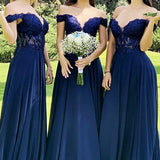 Indigo Lace Off-the-Shoulder A-Line Long Bridesmaid Dress