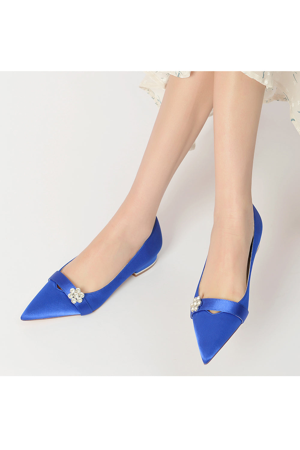 Satin Pointed Toe Floral Beading Kitten Heels