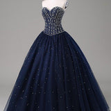 Quinceanera Dress Navy Blue Ball Gown Floor Length Sweetheart Sleeveless Mid Back Prom Dresses