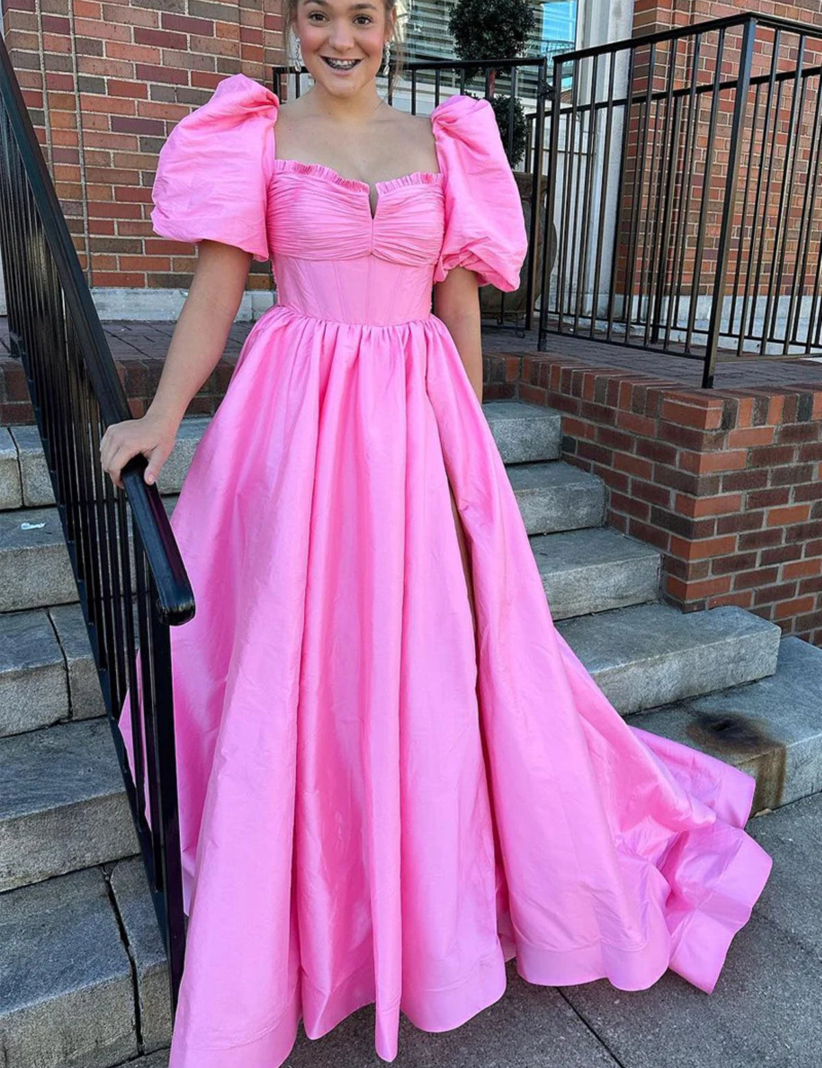 Lynette | Square Neck Fuchsia Puff Sleeves A-Line Prom Dress