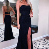 Neriah| Sheath Strapless Black Sequins Long Prom Dress with Split Front