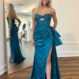 Carolyn | Dark Teal Side Bow Cut-out  Mermaid Long Prom Dress with Slit