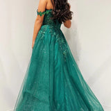 Elliana | Glitter Emerald Appliques Off-the-Shoulder A-Line Long Prom Dress