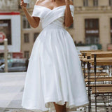 A-Line Satin Tea Length White Off the Shoulder Wedding Dress