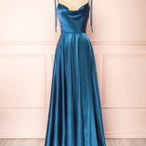 Vienna | Simple Satin Long A-Line Prom Dress Spaghetti Straps Evening Dress