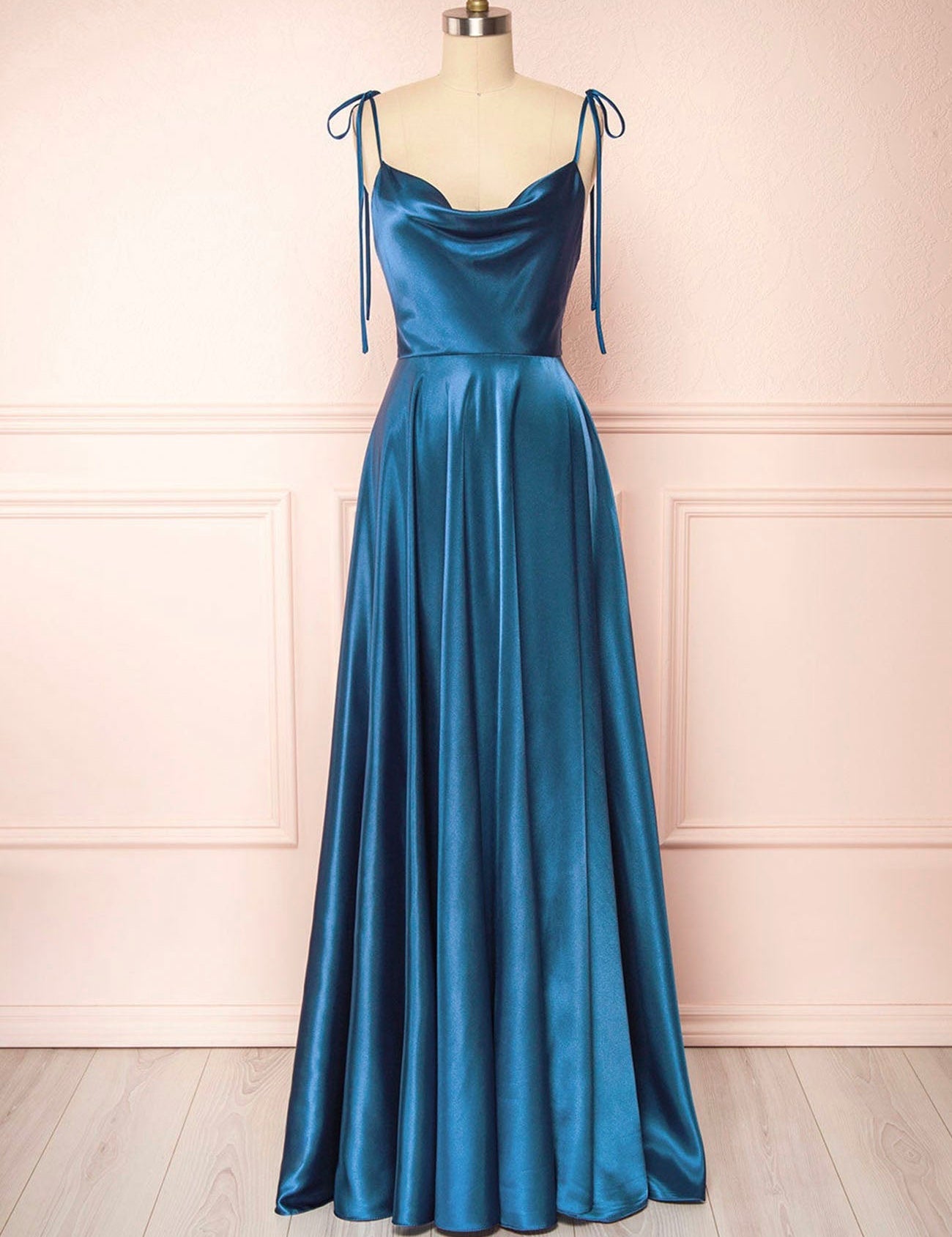 Vienna | Simple Satin Long A-Line Prom Dress Spaghetti Straps Evening Dress