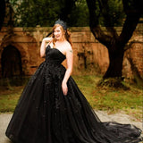 2024 New Black Crystals Appliques Tulle Sweetheart Long Wedding Dresses