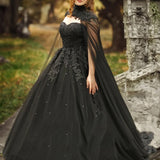 2024 New Black Crystals Appliques Tulle Sweetheart Long Wedding Dresses