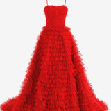 Jordan | Red A-Line Tiered Sequins Tulle Long Prom Dress