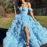 Kenia |A Line Off the Shoulder Ruffled Tulle Prom Dress with Slit