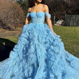 Kenia |A Line Off the Shoulder Ruffled Tulle Prom Dress with Slit