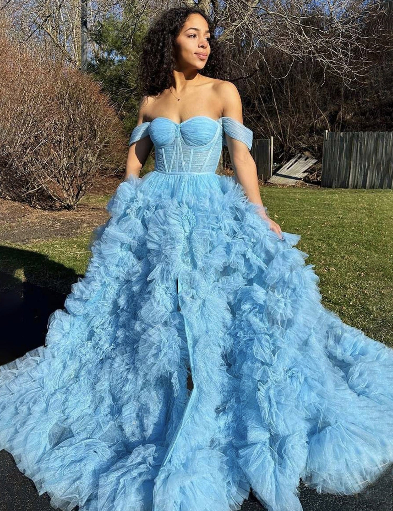 Kenia |A Line Off the Shoulder Ruffled Tulle Prom Dress with Slit