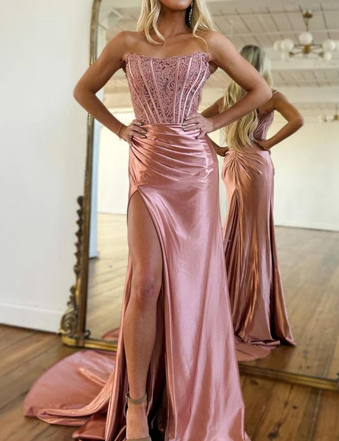 Arielle |Sheath Strapless Corset Satin Prom Dress with Slit