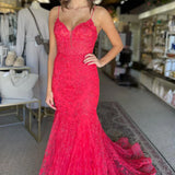 Kanika | Hot Pink V Neck Mermaid Lace Prom Dresses