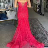 Kanika | Hot Pink V Neck Mermaid Lace Prom Dresses