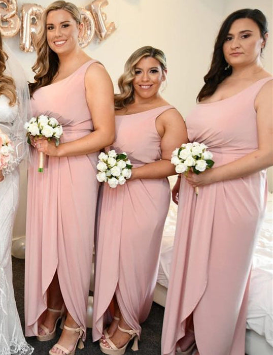 Pink One Shoulder Faux-Wrap Satin Long Bridesmaid Dress