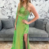 Green Sequin Lace One-Shoulder Long Formal Dress with Attached Train