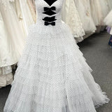 Polka Dot Strapless Ruffle Tiered Prom Gown with Keyholes