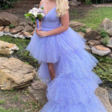 Glitter Hi-Low Lavender Tiered Tulle Prom Dress