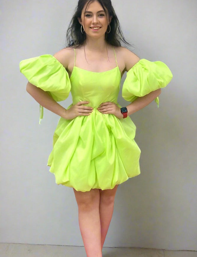 Lemon Green A-line Ruffle Homecoming Dress with Detachable Sleeves