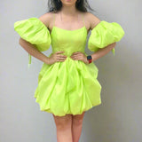 Beonna | Lemon Green A-line Ruffle Homecoming Dress with Detachable Sleeves