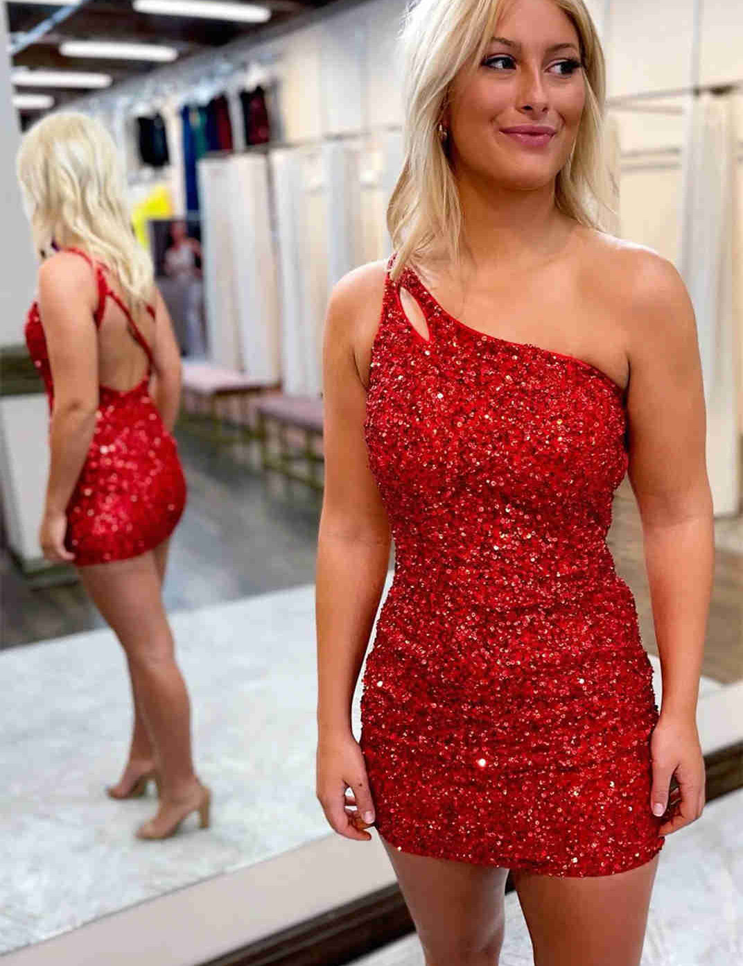 Magdalene |Sparkly Bodycon One Shoulder Sequins Short Homecoming Dress with Keyhole