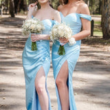 Blue Off-the-Shoulder Pleated Long Bridesmaid Dress with Slit