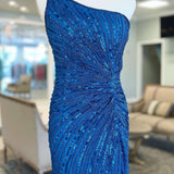 Zariyah | Blue Beaded One-Shoulder Short Cocktail Dress