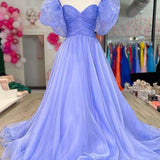 Lavender Strapless A-Line Prom Dress with Puff Sleeves