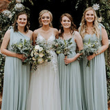 Grey Green Chiffon Spaghetti Straps A-Line Long Bridesmaid Dress