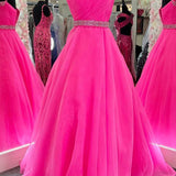 Hot Pink Beaded Cold-Shoulder A-Line Prom Dress