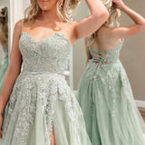 Beulah | A-Line Sweetheart Sage Green Tulle Lace Long Prom Dresses