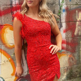 Nalani | One-Shoulder Red Sequin Lace Short Homecoming Dress with Feathers