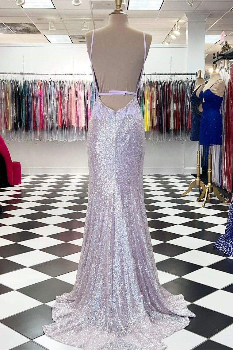 Mermaid V Neck Sequins Prom Dress with Slit